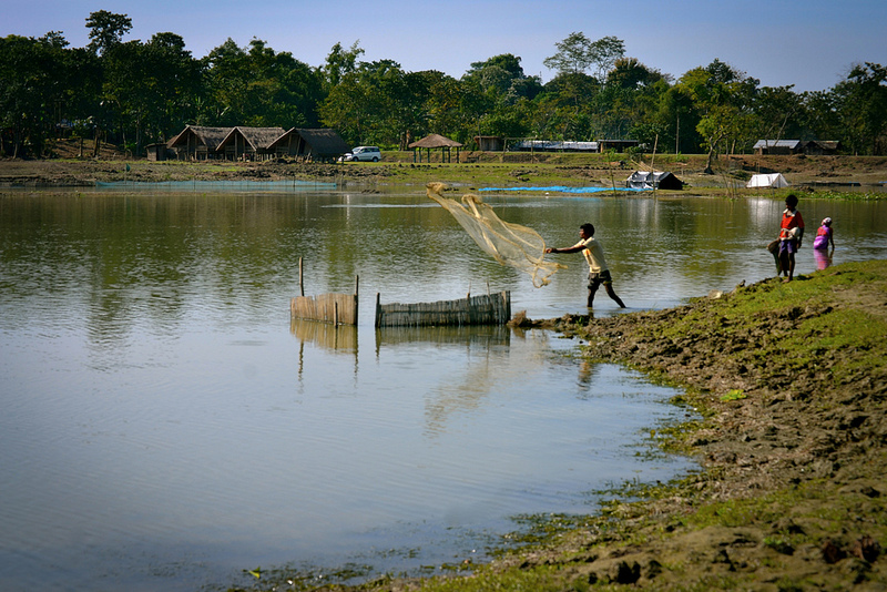 A fisherman throws his net in the water to catch fish