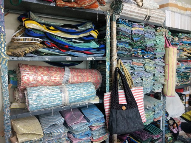 Fabric and bags at the Aarohana workshop.