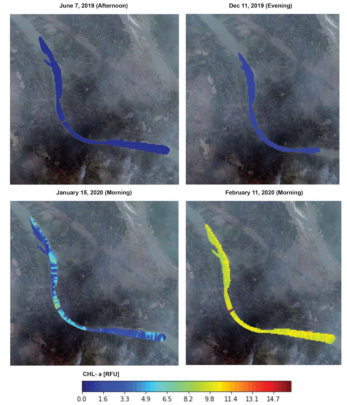 Fig: Spatial Distribution and Monthly Variability of CHL-A at Jangipur (Source: Heat maps prepared by the ‘Water-to-Cloud’ team (http://thoreau.uchicago.edu/)