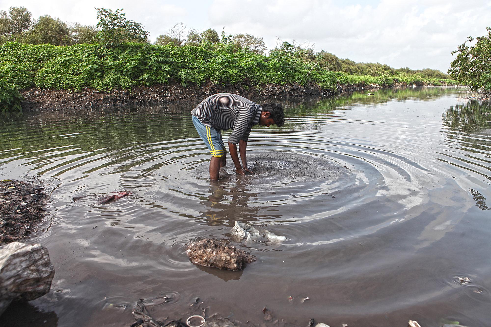 Vikas washes waste in Mithi river to clean out sell-able metal and plastic