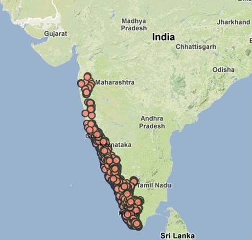 Map showing endemic tree species in Western ghats, India