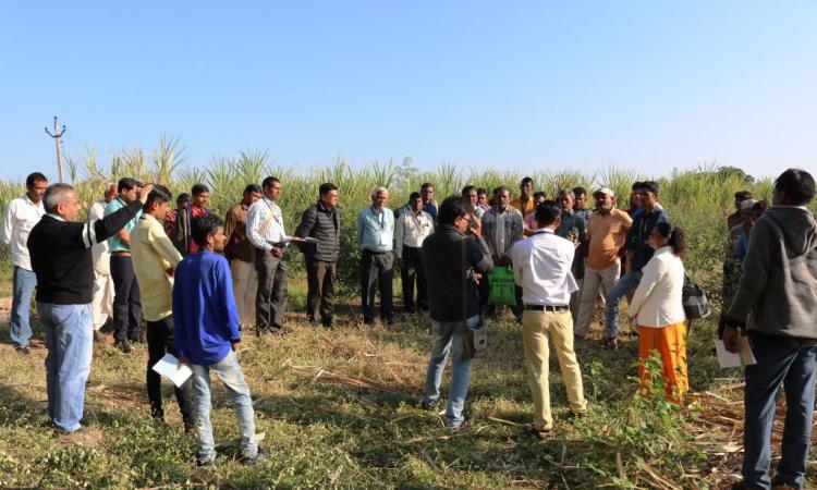 Participants discussing about PIM and Pani Samiti (Water Associations) with local community leaders on a field visit to Pingot Dam (Image: AKRSP)