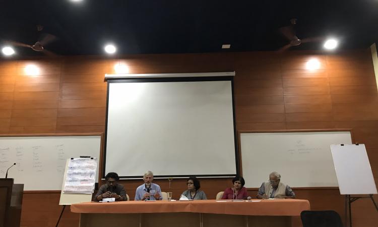 From left to right - Siddharth Krishnan (ATREE), David Groenfeldt (Water Culture Institute), Sara Ahmed (University of Cambridge), Veena Srinivasan (ATREE), KJ Joy (SOPPECOM)