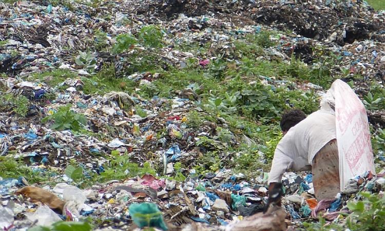 A wastepicker in a sea of garbage